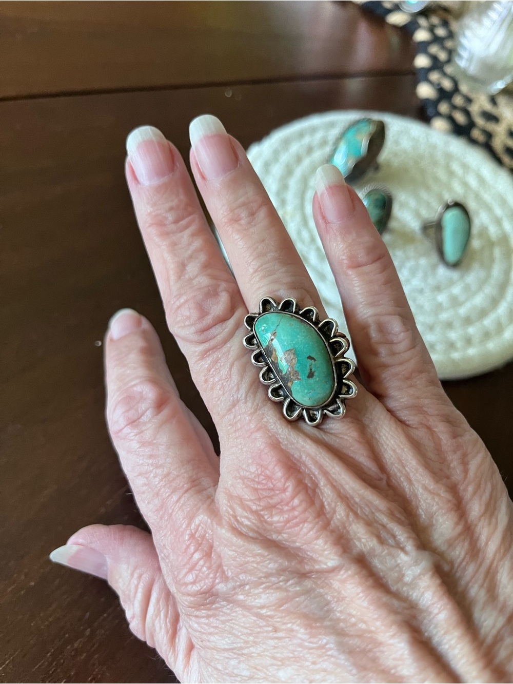 Turquoise Teardrop Statement Ring - Green Turquoise Silver Tone